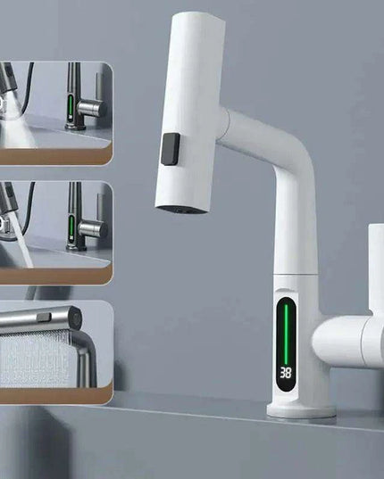 LED Waterfall Faucet with Temperature Display and Rotating Pull-Out Sprayer