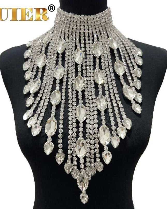 Elegant Silver Chain Choker Necklace with Crystal AB Rhinestone Tassels - Perfect for Weddings and Glamorous Occasions