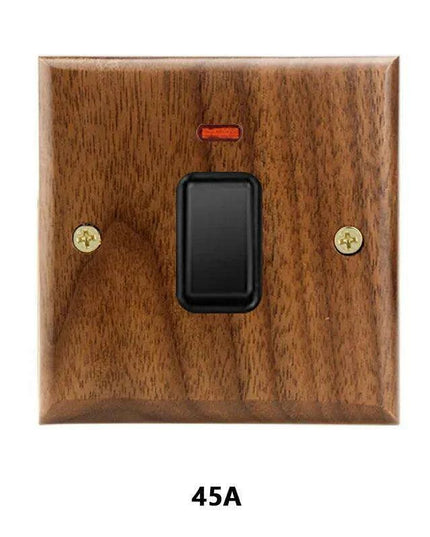 Sleek Black Walnut Electrical Panel with USB Ports, Adjustable LED Ambiance, and Contemporary Toggle Features