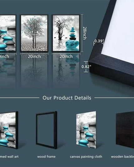 Elegant Blue Abstract Canvas Art Trio with Sleek Black Frames - 3-Piece Set, 20x28 inches Each