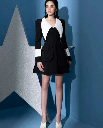 A-Line Summer Office Dress with Stylish Lapels and Functional Pockets