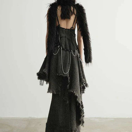 Chic Vintage Sleeveless V-Neck Dress with Unique Tassels and Burr Hem - Women's Wool Blend Autumn/Winter Fashion