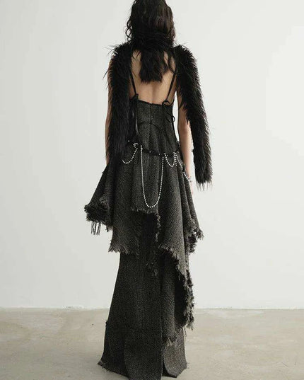 Chic Vintage Sleeveless V-Neck Dress with Unique Tassels and Burr Hem - Women's Wool Blend Autumn/Winter Fashion