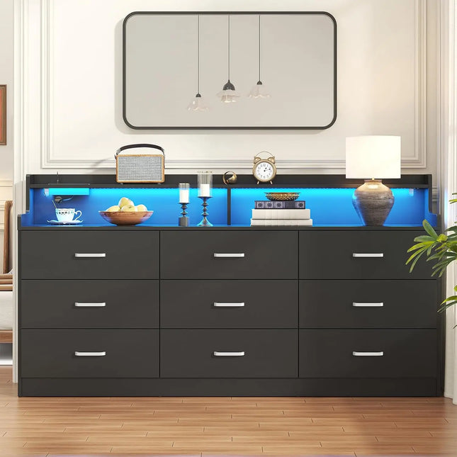 Housoul 9 Drawer Dresser with Power Outlet & LED Light, Modern Design