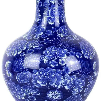 Handcrafted Blue and White Peony Porcelain Vase - Elegant Design with Optional Rotating Stand