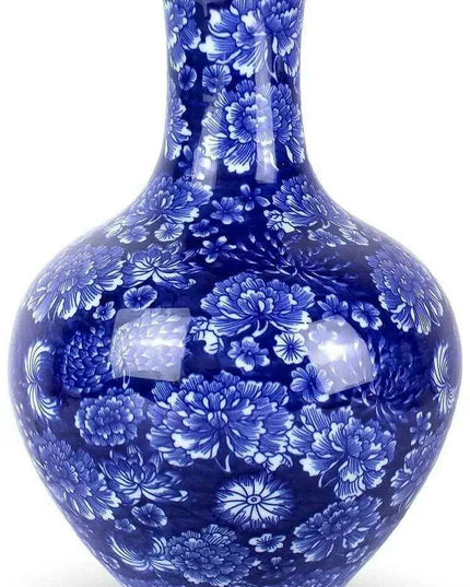 Handcrafted Blue and White Peony Porcelain Vase - Elegant Design with Optional Rotating Stand