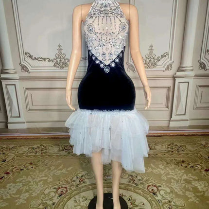 Elegant Black Velour Backless Halter Dress with Sparkling Crystal Details