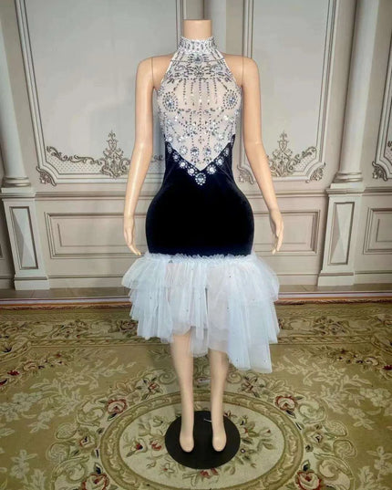 Elegant Black Velour Backless Halter Dress with Sparkling Crystal Details