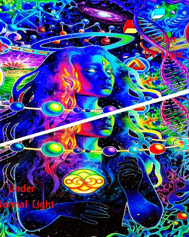 Celestial Enchantment Cosmic Wall Tapestry - Luminous Black Light Art for Celestial Harmony