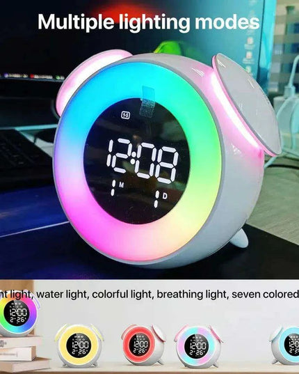 Colorful Rechargeable LED Alarm Clock with Sunrise-Sunset Simulation and Mirror Finish
