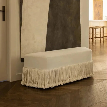 Velvet Ottoman Footstool — Upholstered Fringe Bench & Shoe Stool
