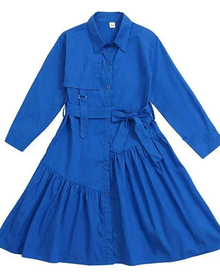 Girls' Spring Autumn Button-Up Dress in Solid Blue and Pink for Ages 6-16