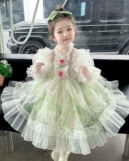 Enchanted Floral Tulle Princess Dress for Girls with Long Sleeves