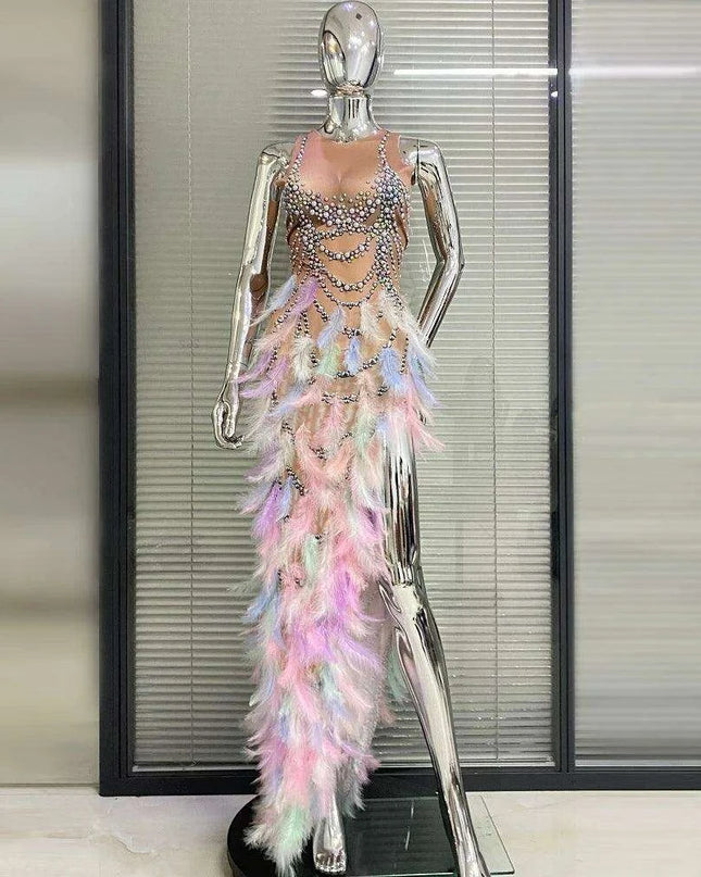Luxury Feather & Diamond Evening Gown - Exclusive Custom Design | 2023 Limited Edition