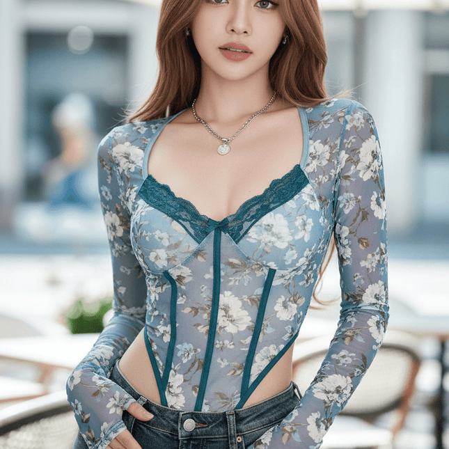 Vintage-Inspired Sheer Long Sleeve Bodysuit with Elegant Square Neckline and Bustier Detailing