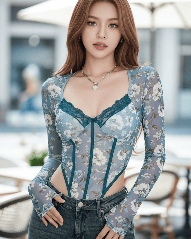 Vintage-Inspired Sheer Long Sleeve Bodysuit with Elegant Square Neckline and Bustier Detailing