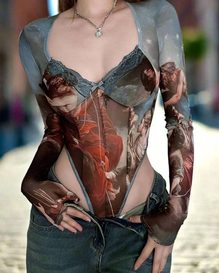 Vintage-Inspired Sheer Long Sleeve Bodysuit with Elegant Square Neckline and Bustier Detailing