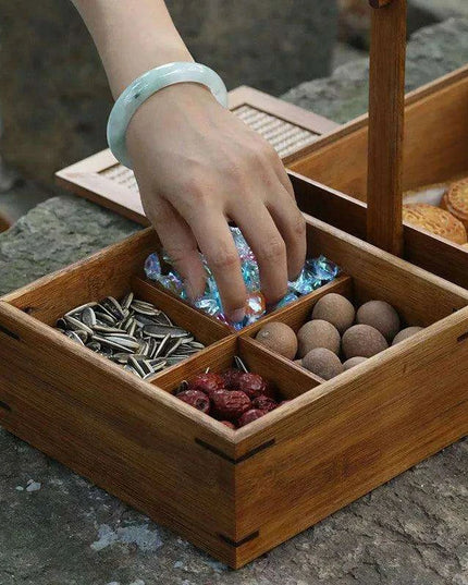 Vintage Artisan Wooden Fruit Holder with Chic Lid and Dividers | Timeless Style