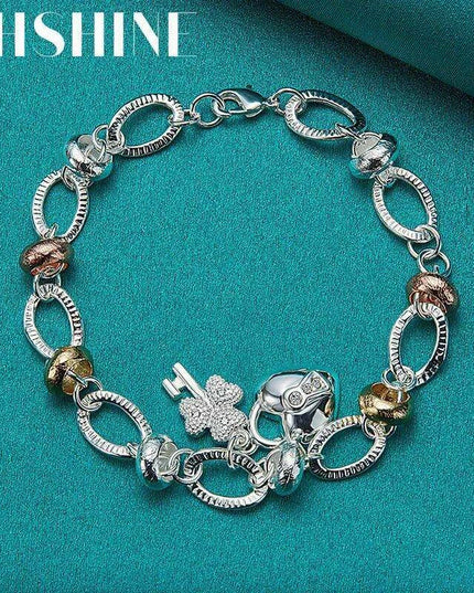 Radiant 925 Sterling Silver Heart Lock Clover Bracelet with Dazzling Zircon Stones