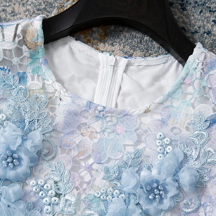 Blue Floral Water Soluble Lace Dress Women Summer Sleeveless O Neck Slim Elegant Tank Dress blue-floral-water-soluble-lace-dress-women-summer-sleeveless-o-neck-slim-elegant-tank-dress