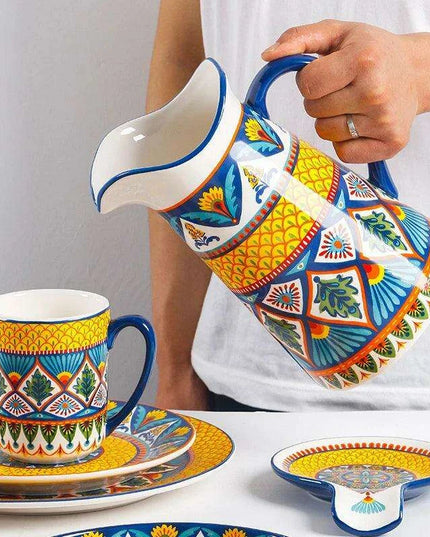 Stylish Yellow Ceramic Dining Set - Mug, Kettle, Plate, and Spoon Bowl, American Style