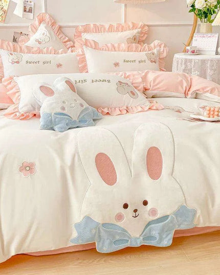 Charming Rabbit Applique Washed Cotton Bedding Set for Girls
