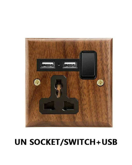 Sleek Black Walnut Electrical Panel with USB Ports, Adjustable LED Ambiance, and Contemporary Toggle Features