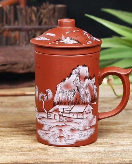 Handcrafted Dragon Design Purple Clay Tea Mug Set with Infuser and Lid
