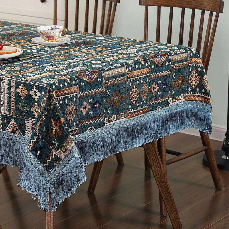 Bohemian Chic Embroidered Table Cover with Trendy Tassels