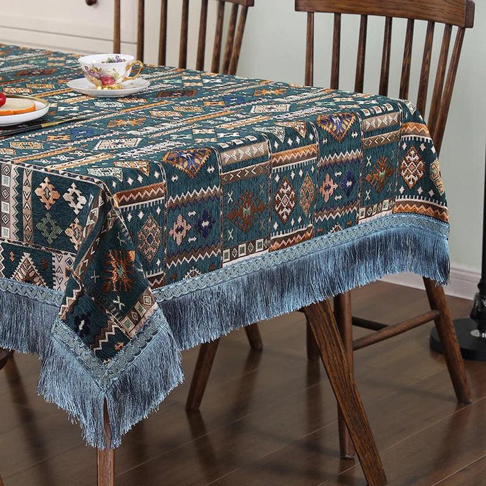 Elegant Boho Dining Tablecloth with Intricate Embroidery and Stylish Tassel Detail