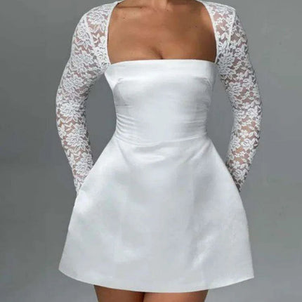 Lace-Backless A-Line Mini Dress with Long Sleeves