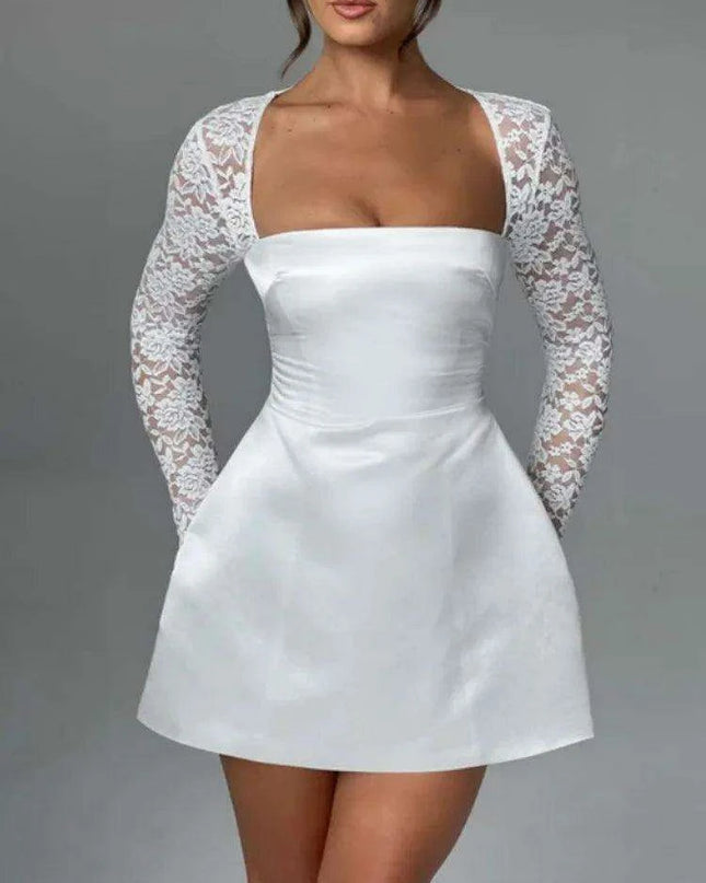 Lace-Backless A-Line Mini Dress with Long Sleeves