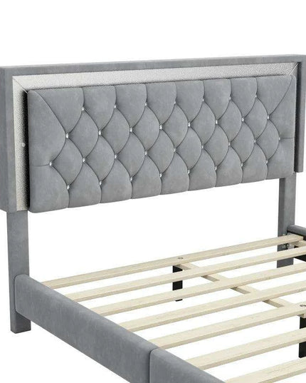 Luxurious LED-Illuminated Queen Bedroom Set with Crystal-Tufted Headboard and Nightstands - Modern Sophistication