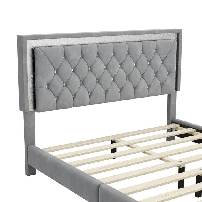 Luxurious LED-Illuminated Queen Bedroom Set with Crystal-Tufted Headboard and Nightstands - Modern Sophistication