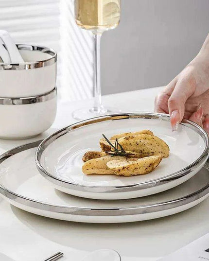 Sophisticated White Porcelain Dinnerware Collection with Silver Detailing for Elegant Home and Hotel Dining