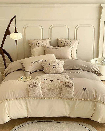 Whimsical Cartoon Bear Embroidered Kids' Cotton Bedding Set - 100% Cotton Duvet Cover, Sheet, and Pillowcases