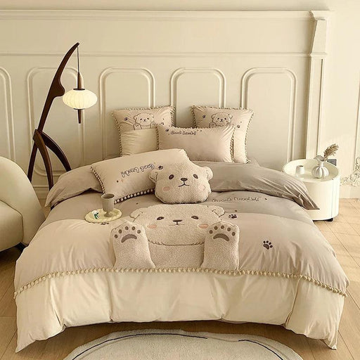 Whimsical Cartoon Bear Embroidered Kids' Cotton Bedding Set - 100% Cotton Duvet Cover, Sheet, and Pillowcases