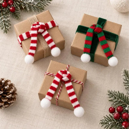 Mini Striped Knitted Christmas Scarves with Pom-Pom Ends, 15 cm