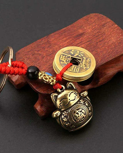 Lucky Fortune Cat Brass Keychain with Five Emperors Coin Charm