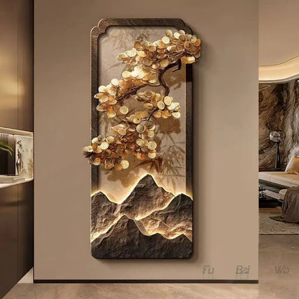 Chinese Landscape Corridor Painting with Integrated Wall Lamp