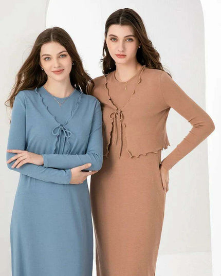 Elegant Ruffle Maxi Dress & Lettuce Edge Cardigan Set for Women