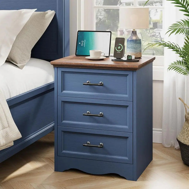 Blue Farmhouse Nightstand with Charging Station — 3-Drawer Bedside End Table, USB & AC Outlets