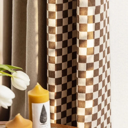 Customized French Retro Checkerboard Jacquard Curtain For Living Room Bay Window