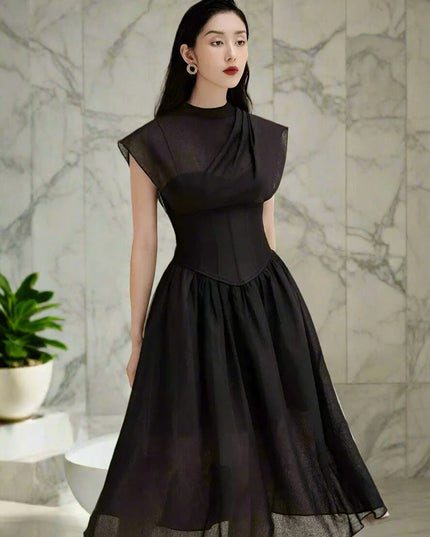 Chic High Waist Pleated A-line Dress for Women