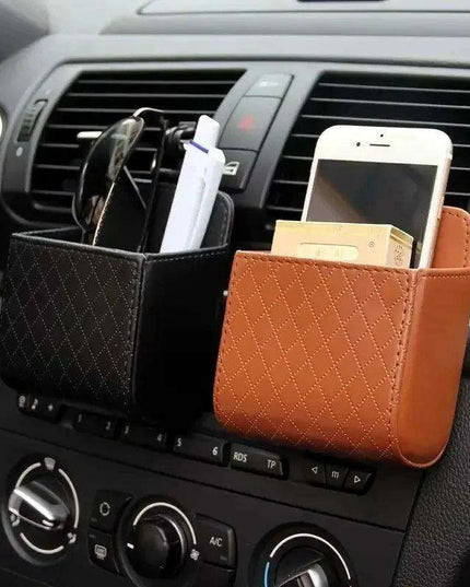 Sleek Black PU Leather Car Air Vent Organizer for Phone and Glasses