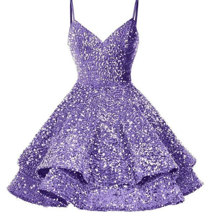 Sparkling Tiered Sequin Spaghetti Strap Short Cocktail Dress for Young Women