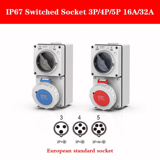 Heavy-Duty Waterproof 32A CEE Combination Socket with Circuit Protection and Switch Control