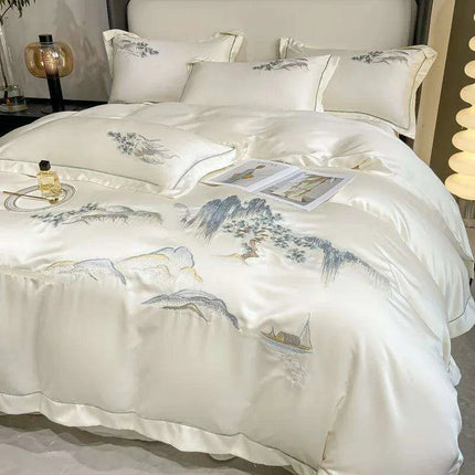 Elegant Chinese Landscape Embroidery Luxury Bedding Set - Silky Duvet Cover, Soft Quilt Cover, Bed Sheet & Pillowcases for 2024