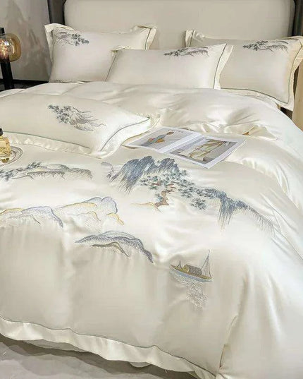 Elegant Chinese Landscape Embroidery Luxury Bedding Set - Silky Duvet Cover, Soft Quilt Cover, Bed Sheet & Pillowcases for 2024