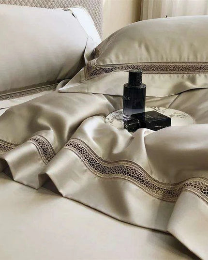Sumptuous 1000TC Egyptian Cotton Bedding Ensemble with Elegant Hollow Lace - Duvet Cover, Flat & Fitted Sheets, Pillowcases for Queen & King Beds